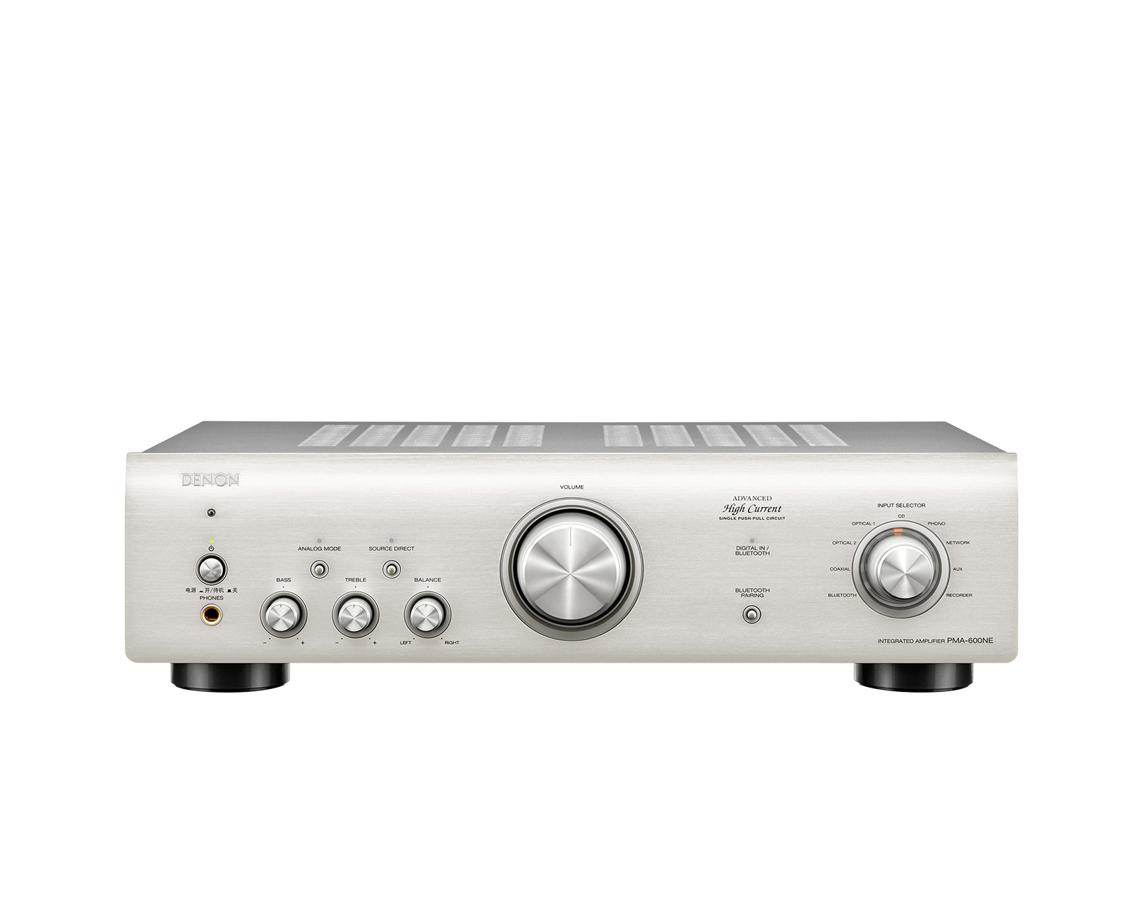 Denon PMA-600NE集成放大器配备蓝牙串流功能、数字输入和内置唱机唱头均衡器,为追求高品位的音乐爱好者奉献新水准的音频性能和连通性。