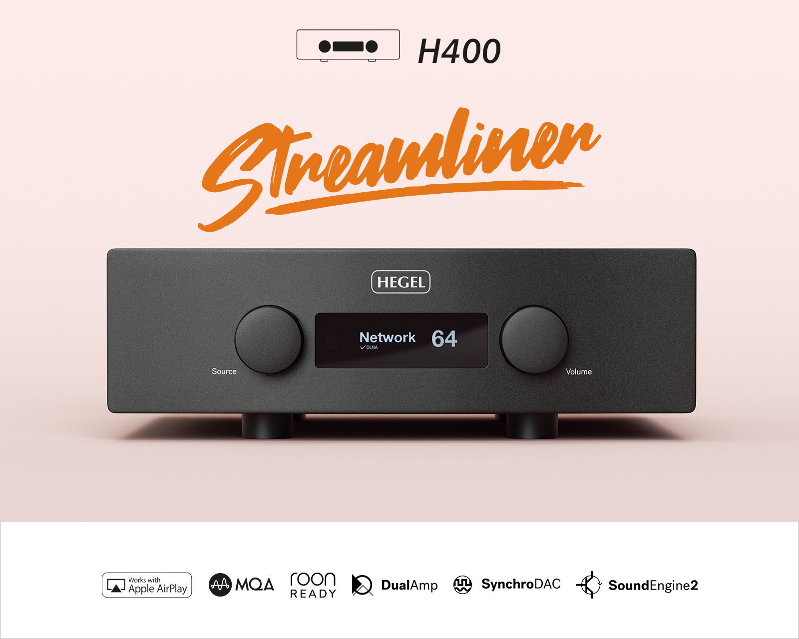 HEGEL H400 放大器采用 AB 类双单声道放大技术, 8 欧姆负载下功率达 250 瓦, 阻尼系数 4000, 能够稳定支持低至 2 欧姆的负载, 轻松驱动任何扬声器.